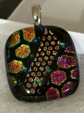 Dichroic Glass Pendant with Iridescent Honeycomb Pattern